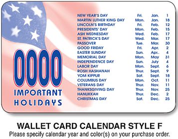 printed important holidays wallet cards